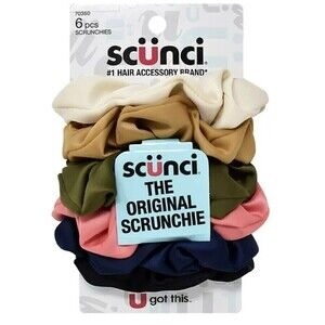 Scunci Satin The Original Scrunchie 6 pcs Black Blue Pink Green Tan Cream